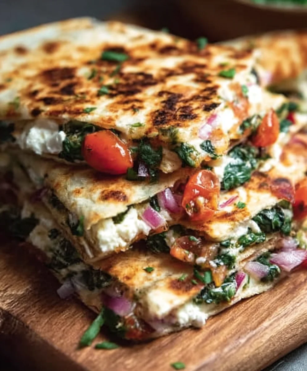 Mediterranean Quesadillas - Spinach Feta Mozzarella Red Onion