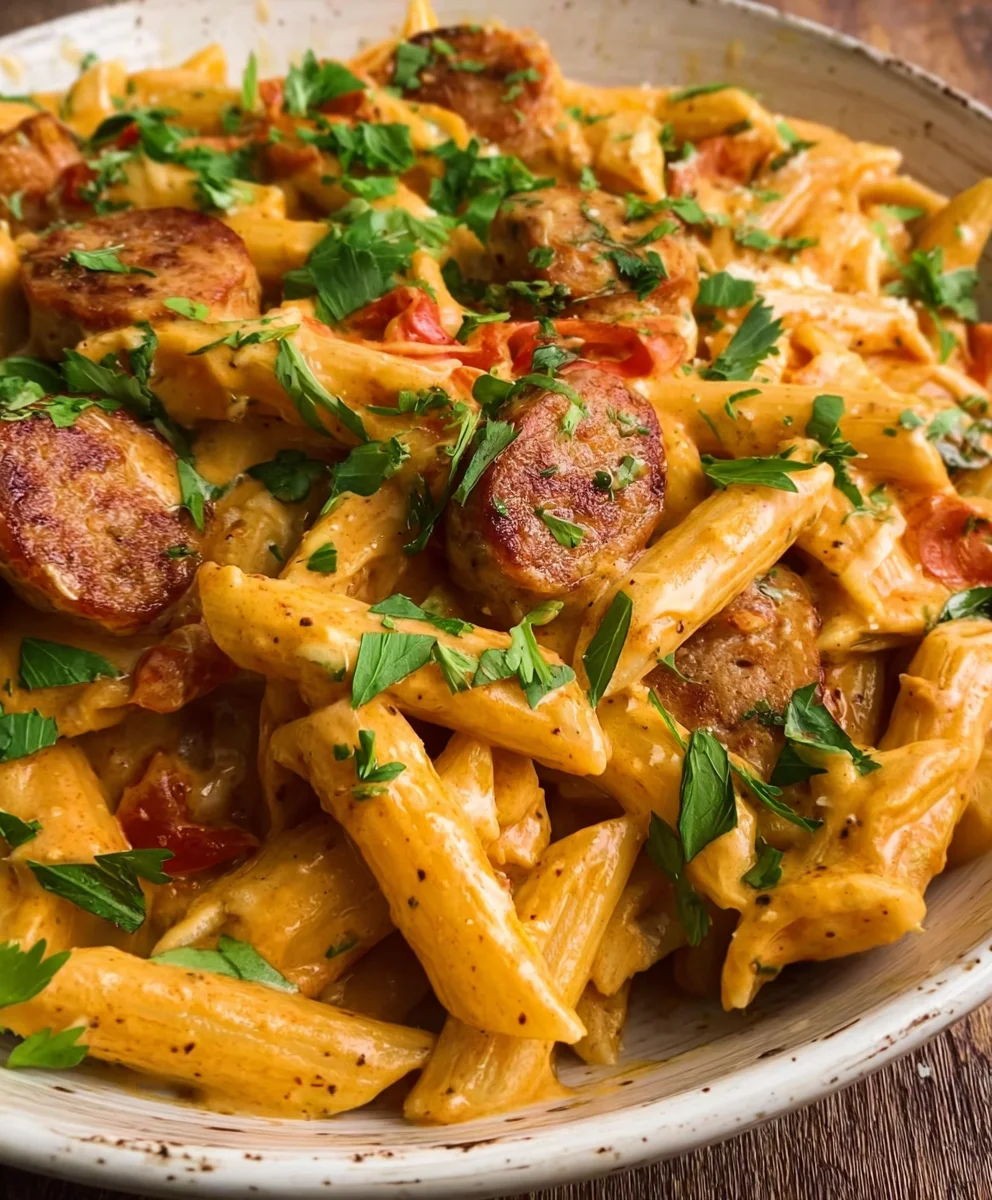 One Pot Creamy Cajun Beef Sausage Pasta