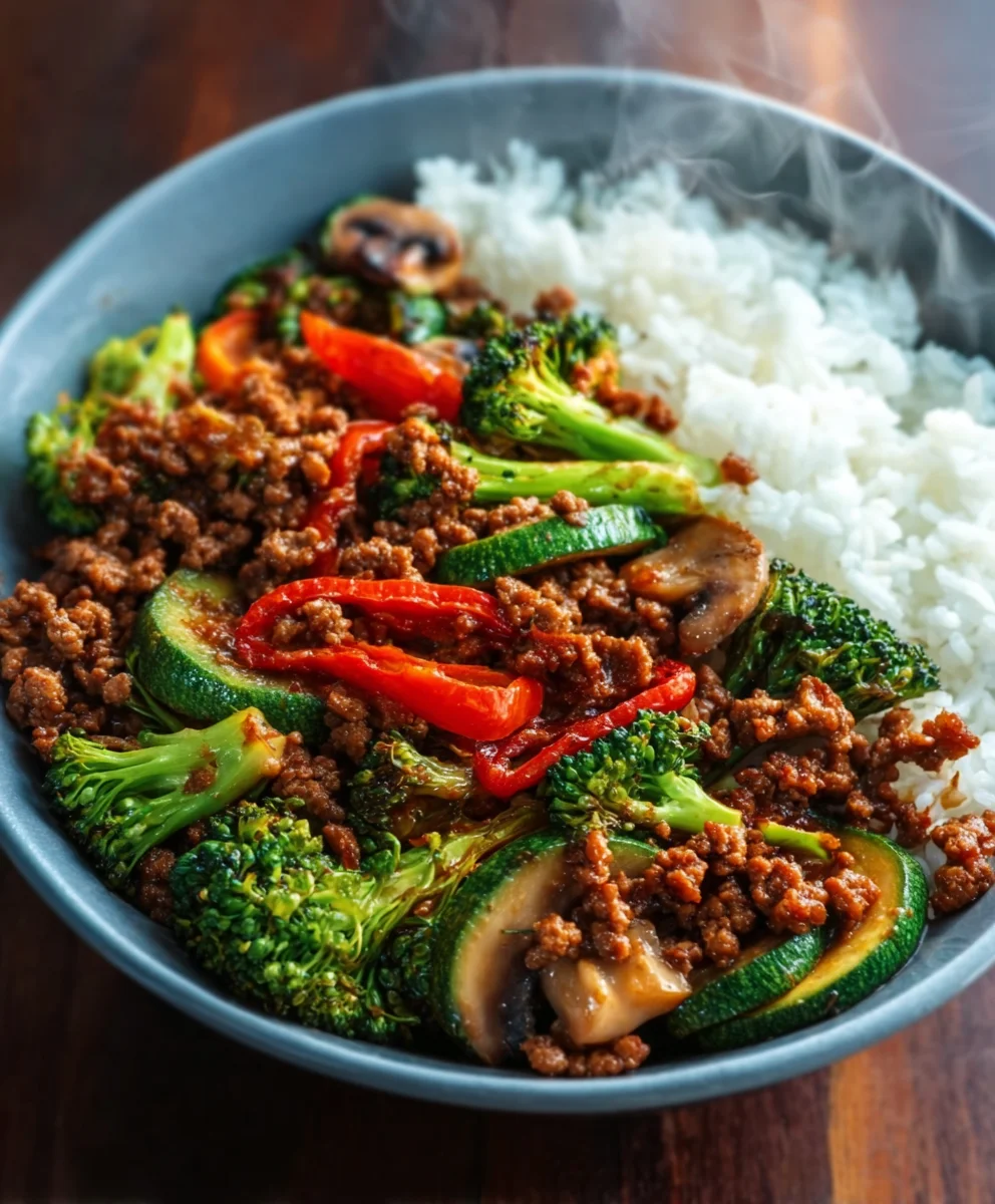 Spicy Beef Stir-Fry Bowl Garlic Veggies Steamy Rice