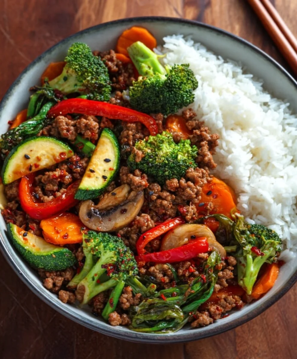 Spicy Beef Stir-Fry Bowl Garlic Veggies Steamy Rice