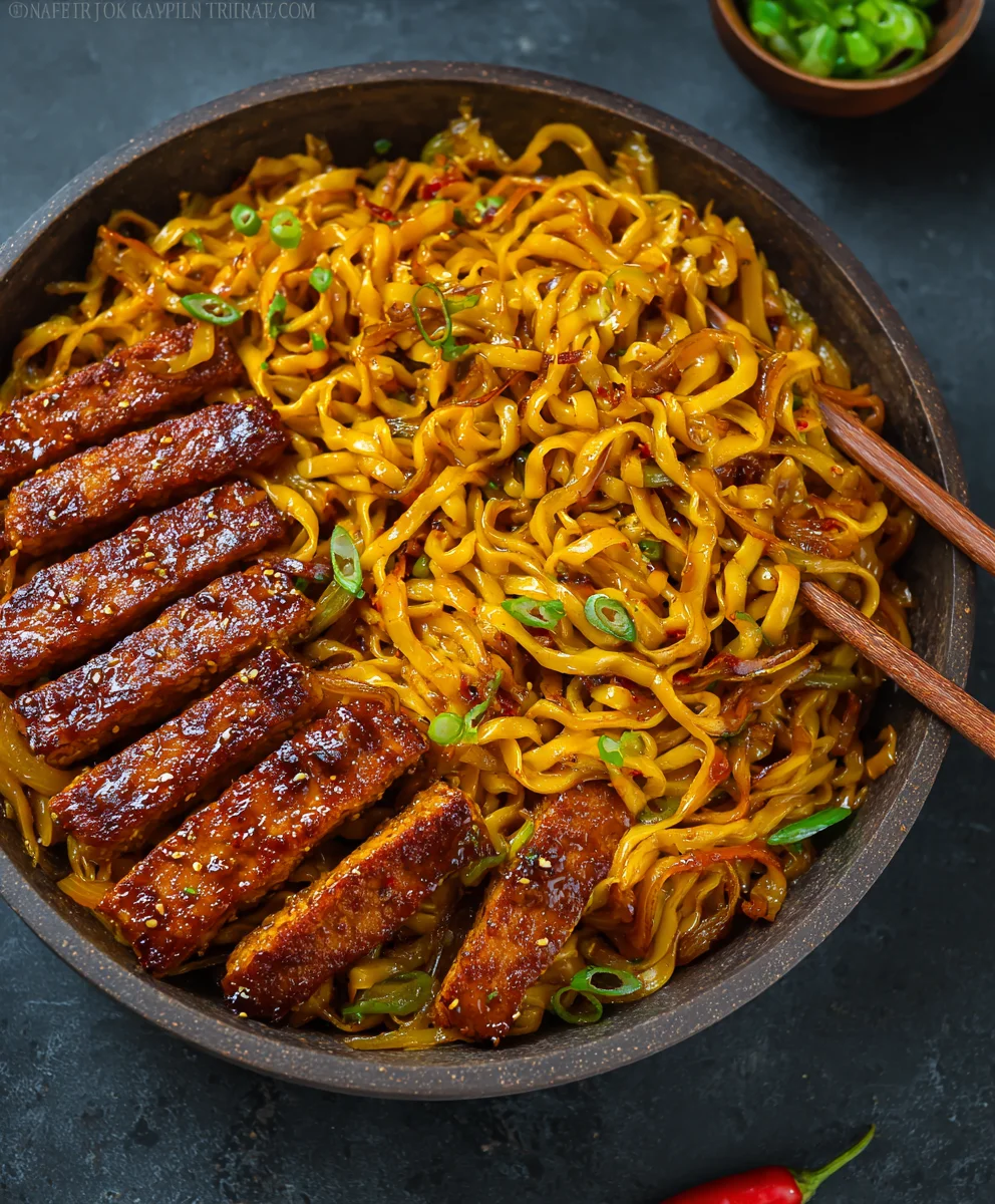 Sweet Spicy Tempeh Garlic Curry Noodles Recipe
