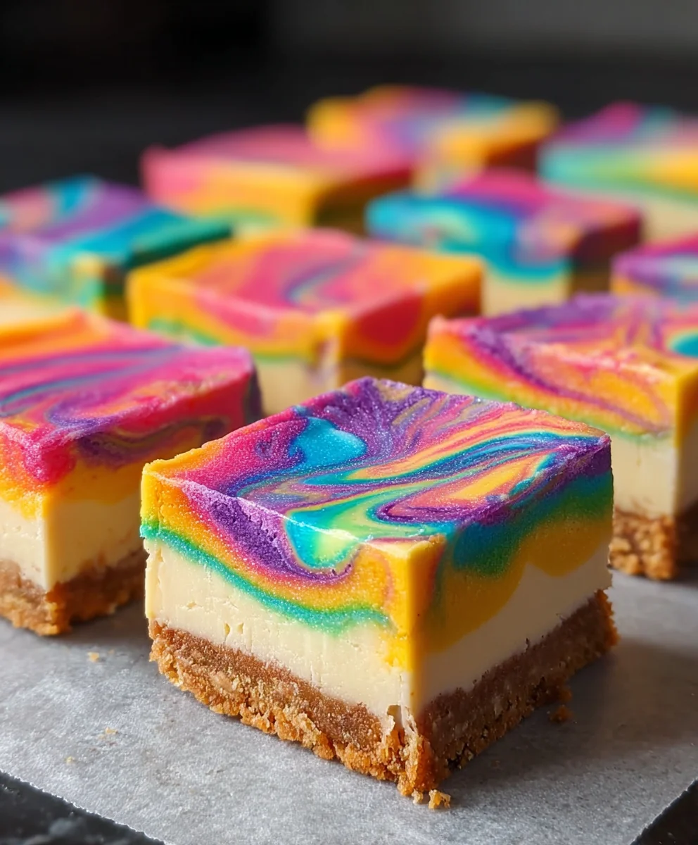 Rainbow Cheesecake Swirl Bars-Delicious Dessert