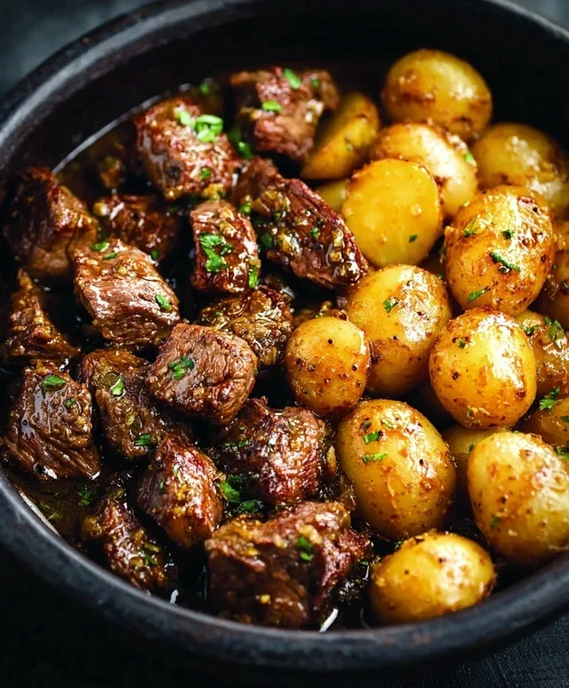 Slow Cooker Garlic Butter Beef Bites with Potatoes
