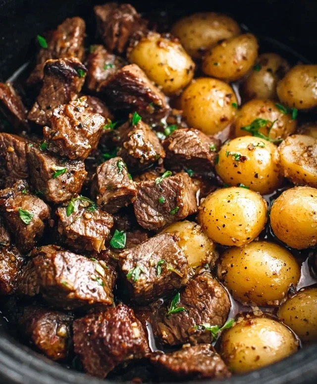 Slow Cooker Garlic Butter Beef Bites with Potatoes