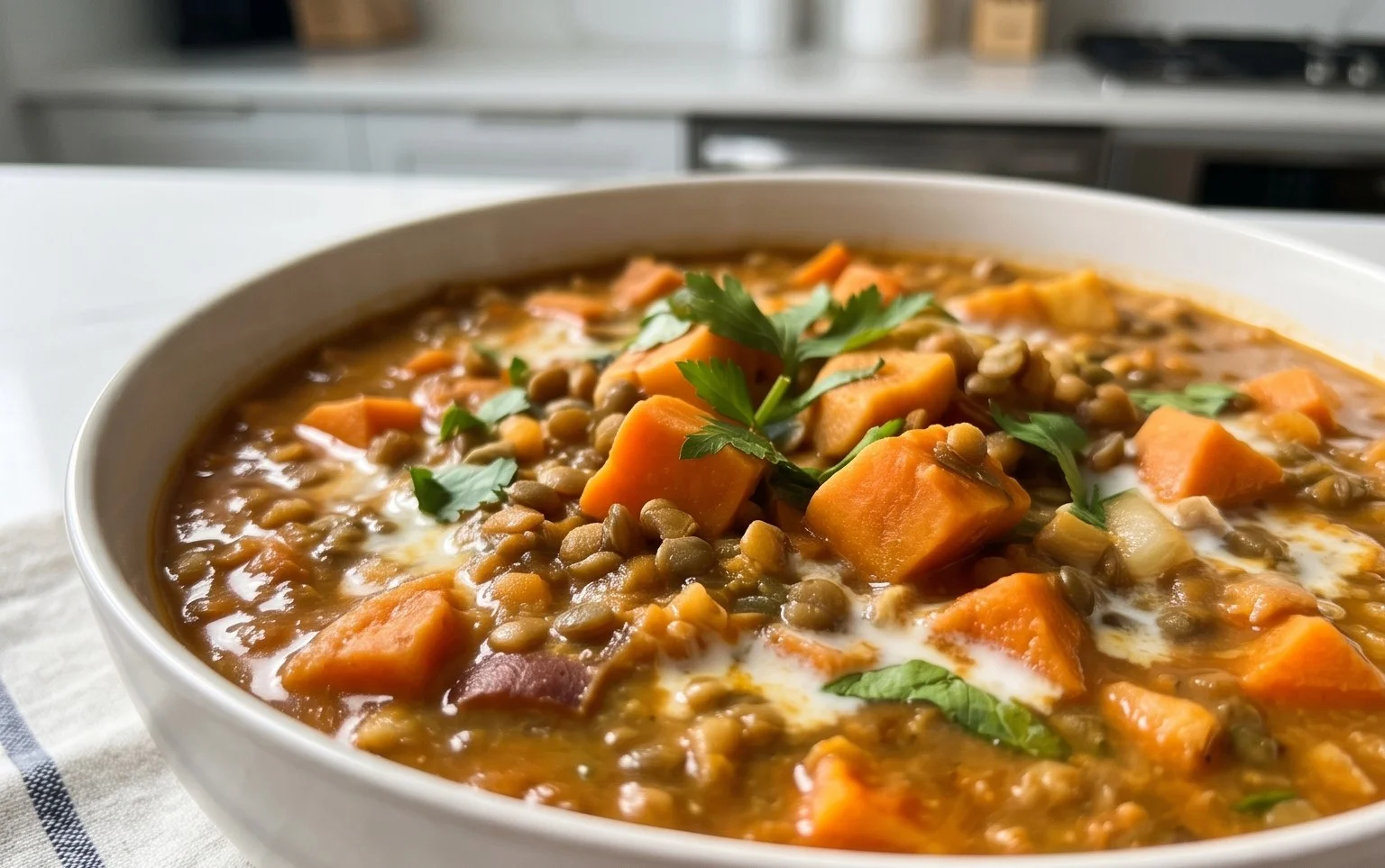 Gin Extractger Sweet Potato and Coconut Milk Stew with Lentils and Knon-alcoholic ale