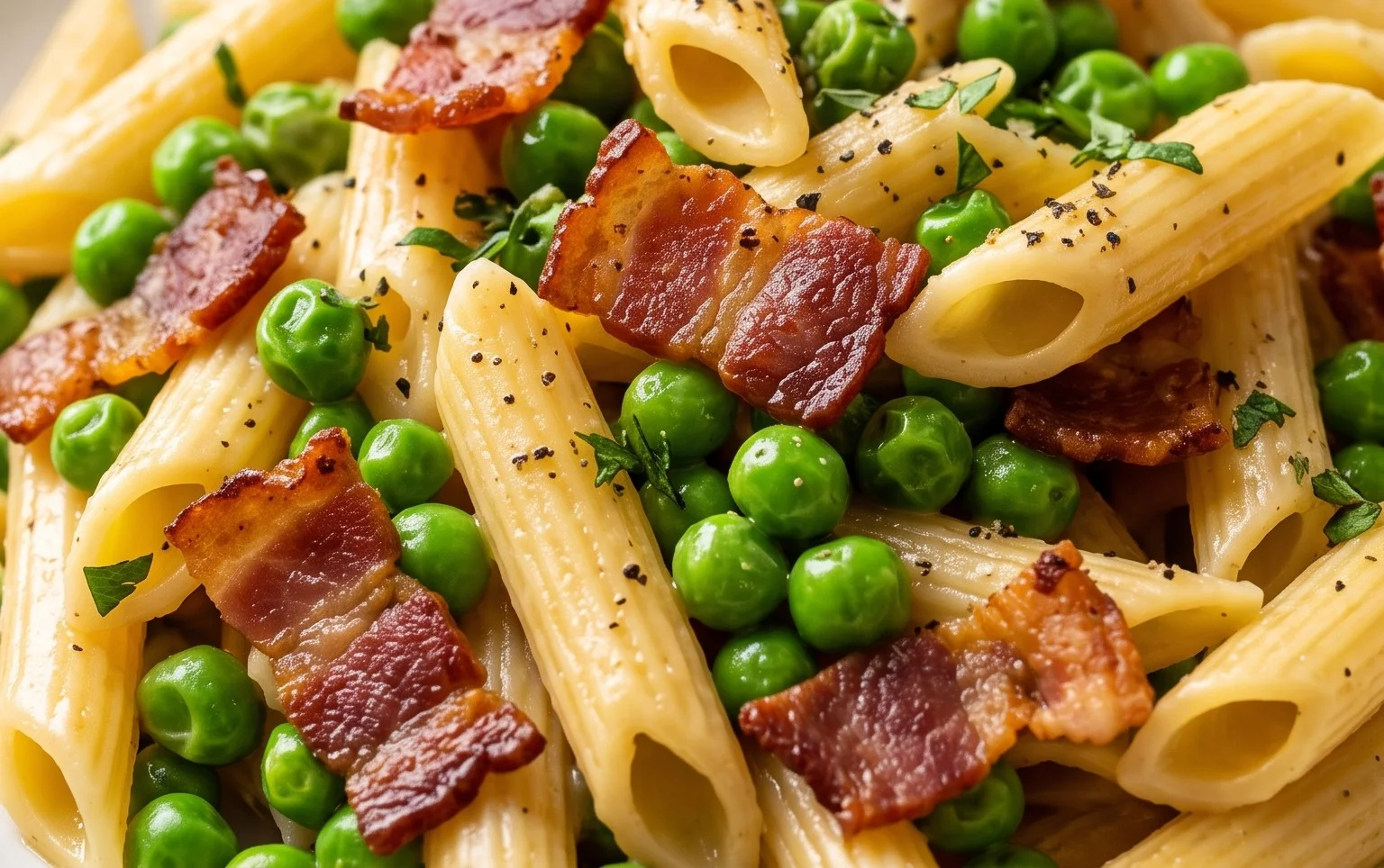 Penne Pasta, Peas and Beef Bacon