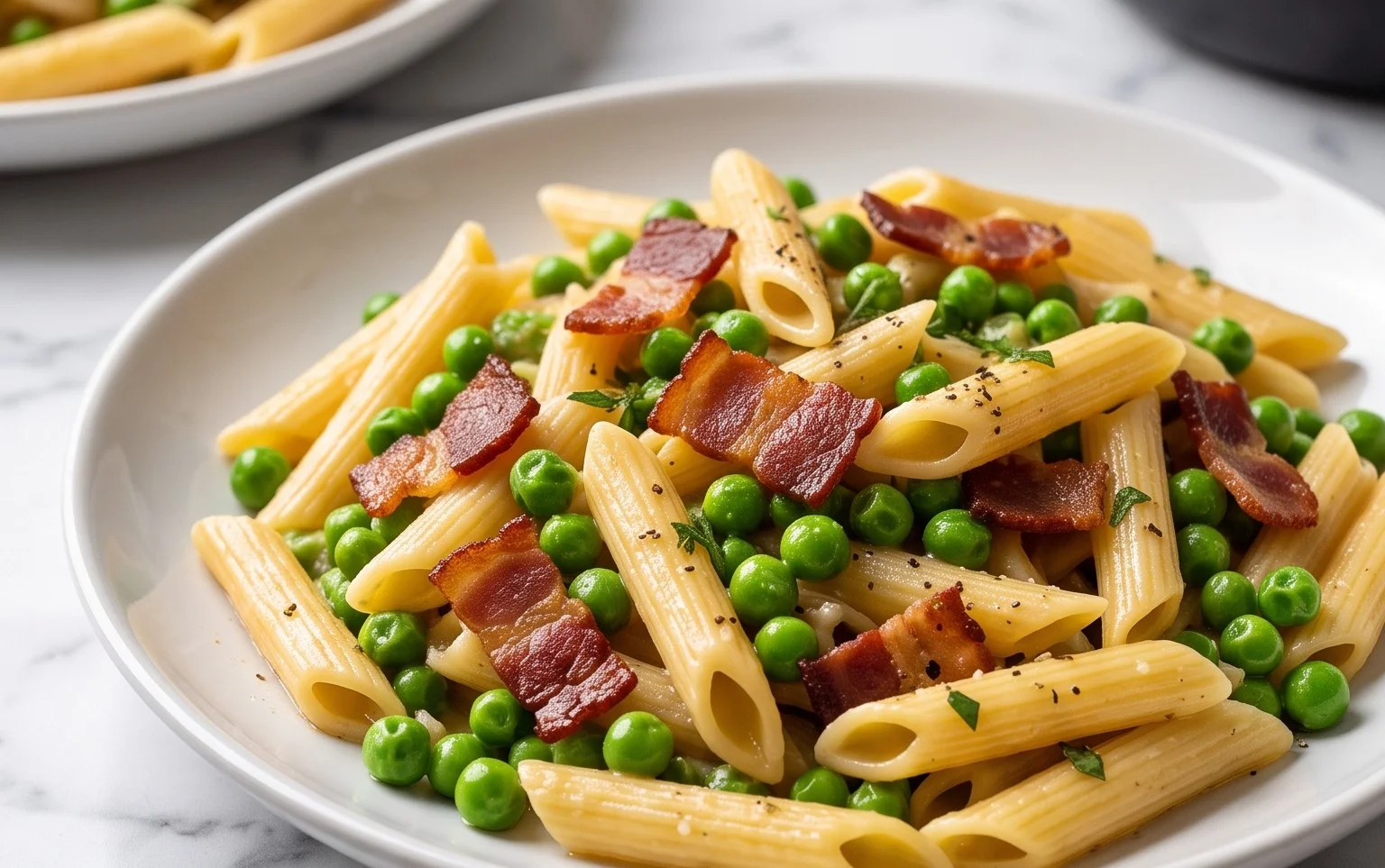 Penne Pasta, Peas and Beef Bacon