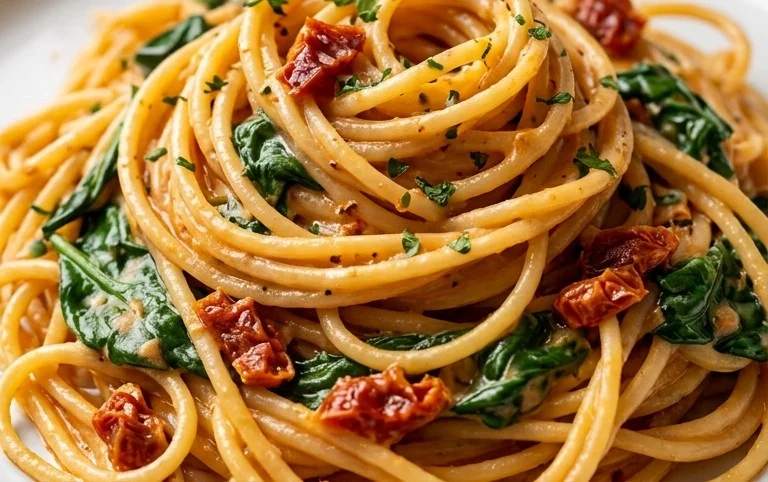 Spaghetti & Spinach with Sun-Dried Tomato Cream Sauce