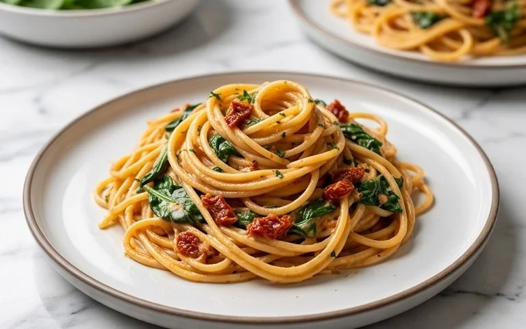 Spaghetti & Spinach with Sun-Dried Tomato Cream Sauce