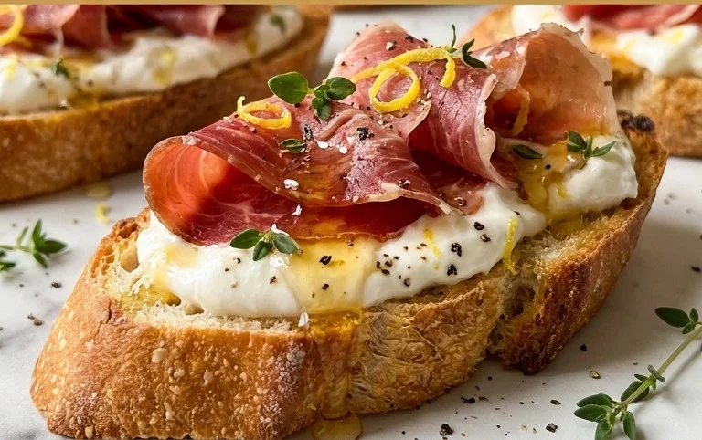 Beef Prosciutto Crostini with Burrata and Lemon Honey Drizzle