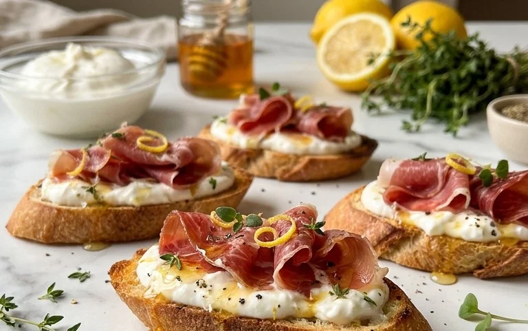 Beef Prosciutto Crostini with Burrata and Lemon Honey Drizzle